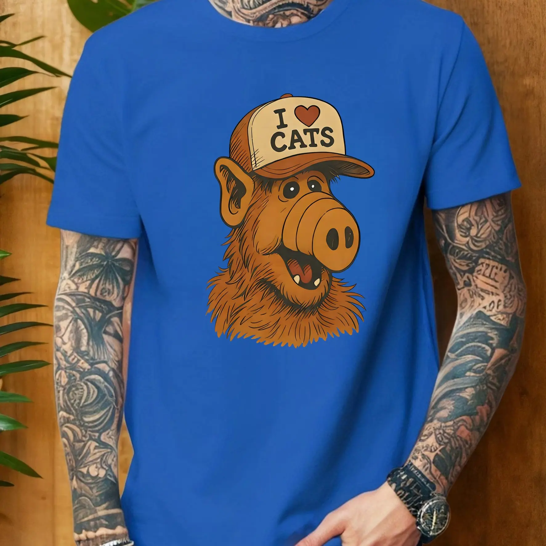 Vintage Alien Creature I Love Cats Hat Graphic Retro Cartoon Print Short Sleeve Cotton Casual Unisex Summer Streetwear Tee Tops