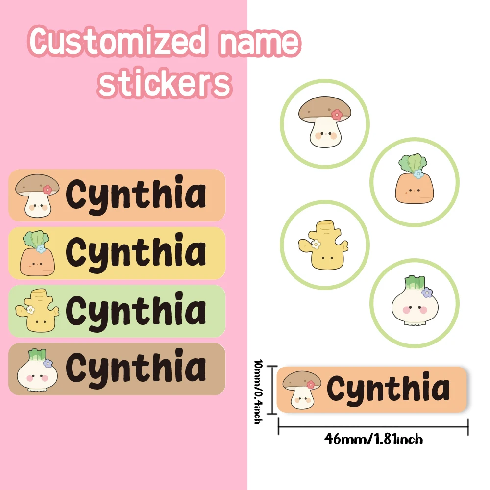 Custom vegetable Name Sticker,Transparent Waterproof Stickers for Kids,diy Name Labels for School Bag Pen Box Mug Uniform