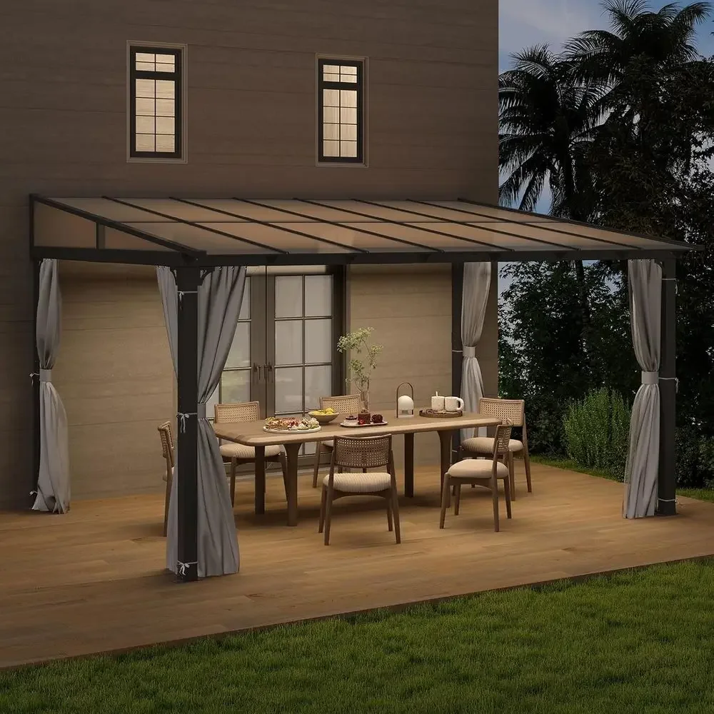10'x10' Lean to Gazebo, Wall Mounted Gazebo with e, Curtains and Netting or Patio,Decks, Garden and Lawn