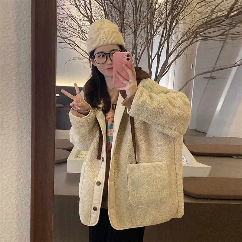 

Fat M 300 Pounds Imitation Fur Integrated Lamb Plush Jacket Autumn And Winter Women's New Korean Loose Hooded Thickening Coat