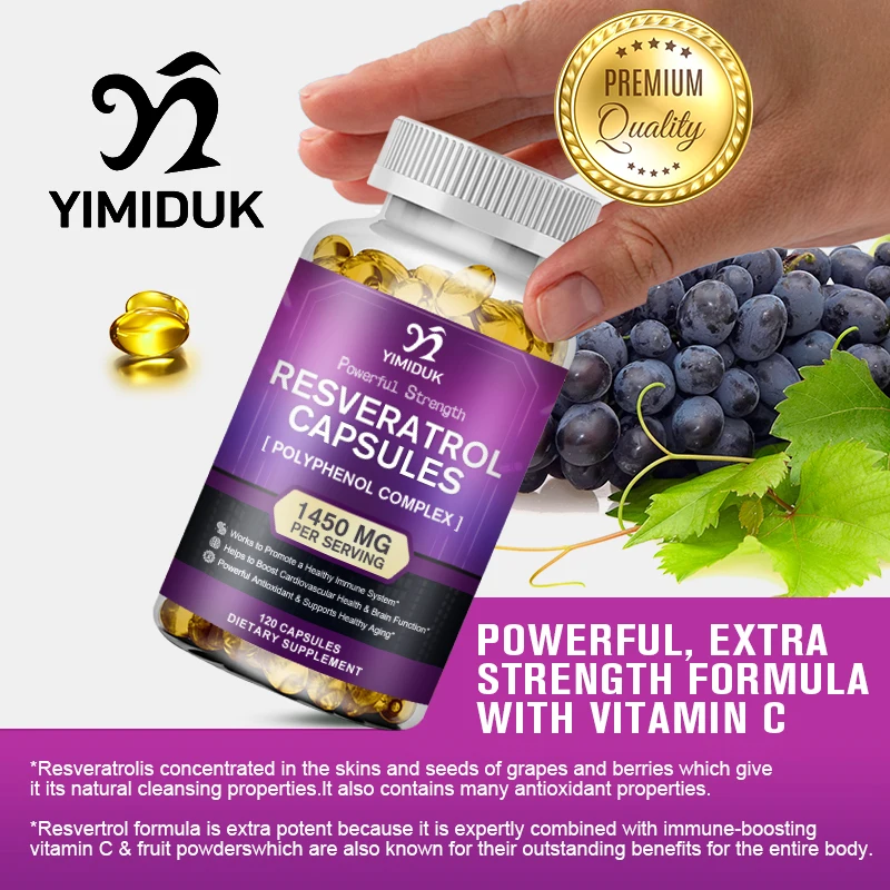 Resveratrol Capsules, Antioxidant Supplement, Natural Trans-Resveratrol Pills, for Anti-Aging, Immune System&Brain Function