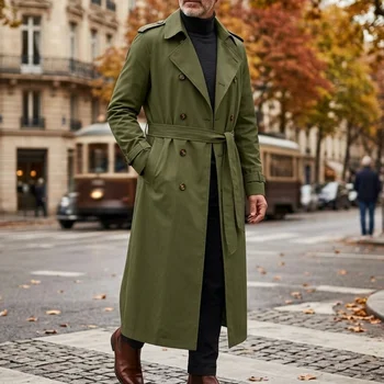 Men's Super Long Belted Trench Coat 5 New Men's Trench Autumn Super Long Windbreaker - Double-Breasted with Belt | Thin & Loose Streetwear Casual Long Jackets for Man 5