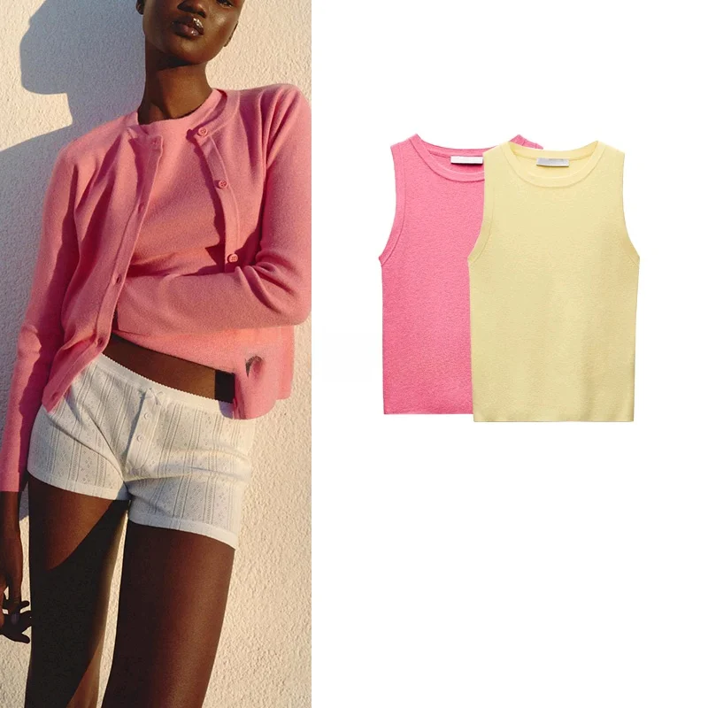 봄 신상 여성 무지 라운드넥 민소매 플랫 니들 니트 탑 출퇴근 스타일 슬림핏 폴리에스터 섬유 긴팔