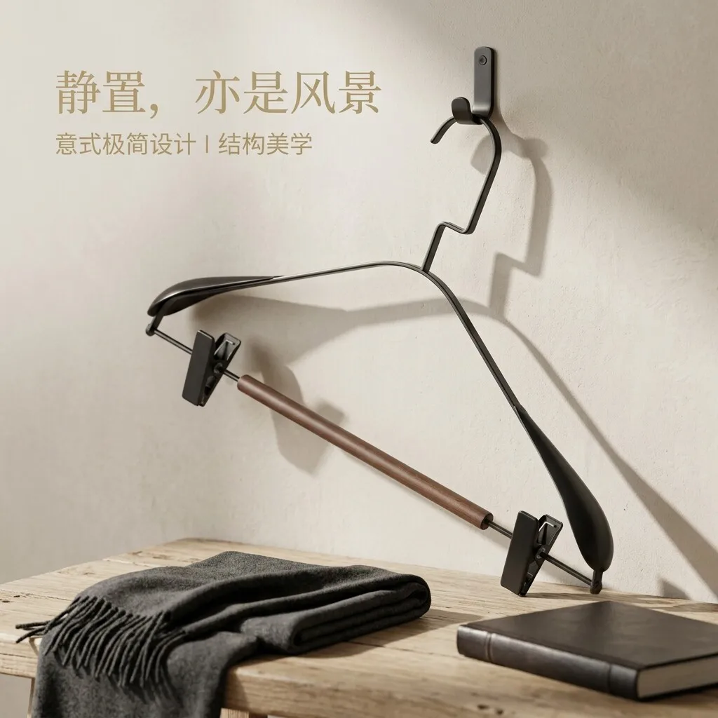 Italian High-End Beech Solid Wood Hanger Seamless Set Suspension Clamp with Clip Light Luxury Cloakroom Wooden Clothes Hanger