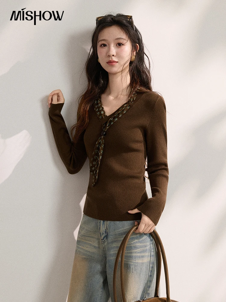 MISHOW Women's Elegant Mint Green V Neck Ribbed Knit Pullover Top Tie Neck Long Sleeve Slim Spring Autumn Sweater MXF108Z1024