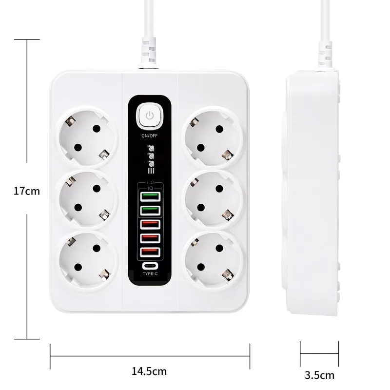 Extension Socket With Safety Switch Power Strip For Office Home EU Plug 3000W 2M Cable Overload Protection USB Type C Ports view 3