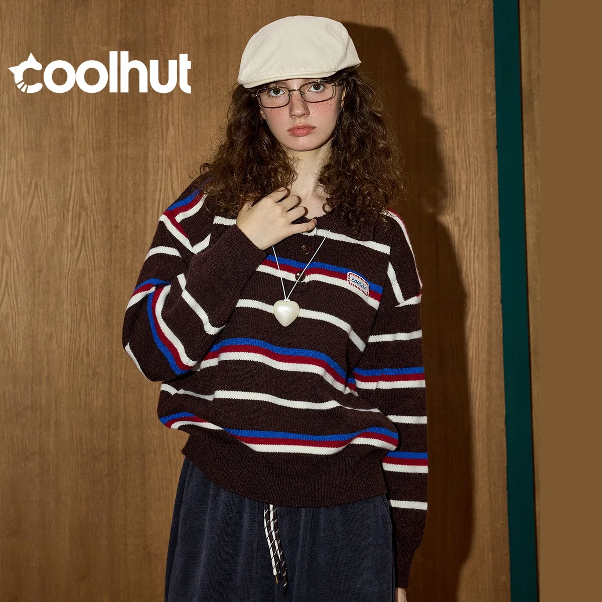 

COOLHUT брендовый дизайнерский ретро-шик 2025 женский свитер большого размера с воротником-поло в полоску с цветными блоками для похудения повседневный зимний трикотаж
