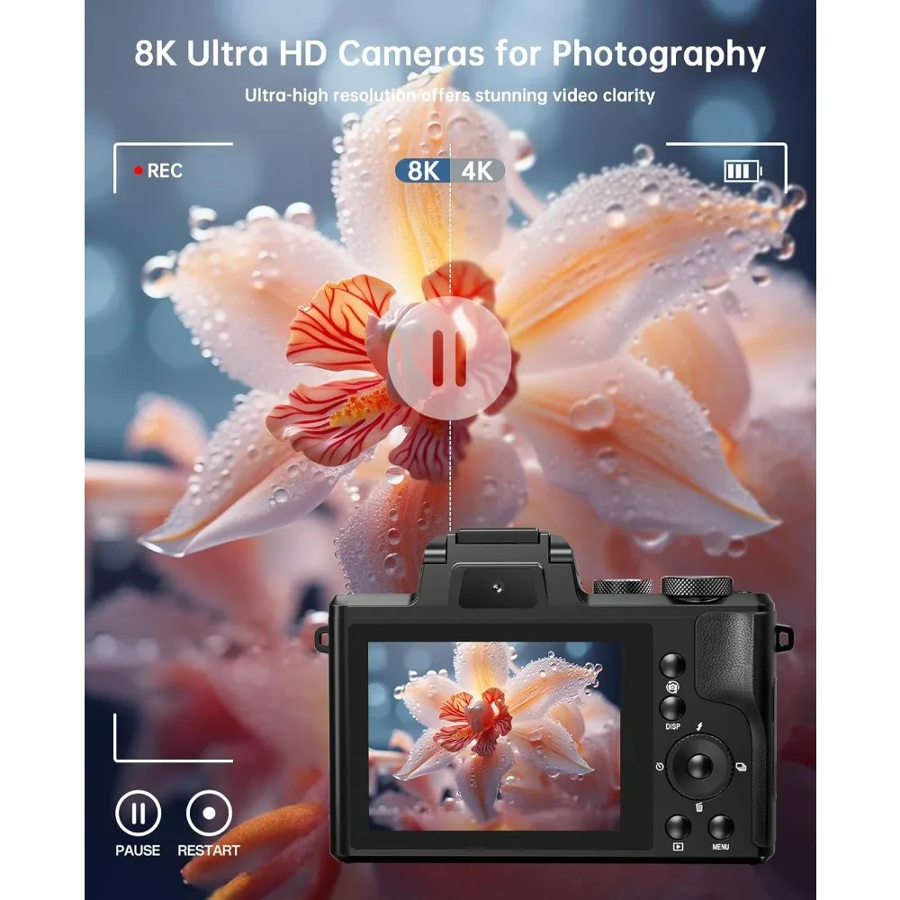 كاميرا رقمية احترافية بعدسة 8K مع ضبط تلقائي للصورة بدقة 88 ميجابكسل واتصال WiFi، تتميز بتكبير رقمي 16X للتصوير الفوتوغرافي