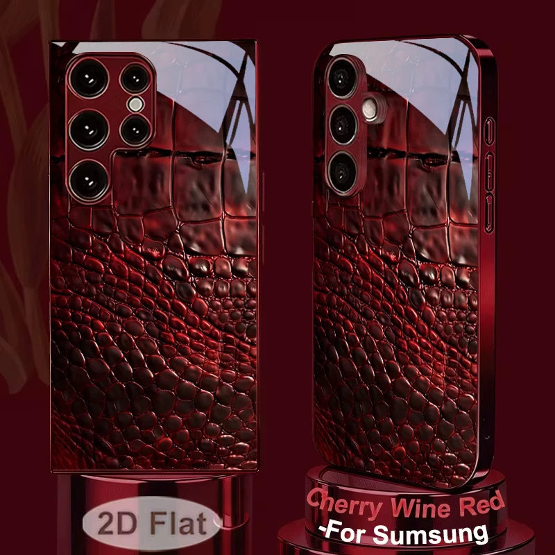 Crocodile Texture Electroplated Wine Red Glass Phone Case For Samsung S26 Ultra S25 Edge S24 FE S23 Plus S22 S21 S22+ 5G Cover