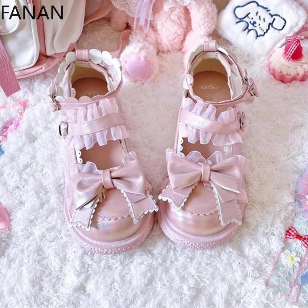 

2025 New Soft-soled Kawaii Flats Lolita Shoes JK Leather Platform Shoes Summer Lace Dress Vacation Pink Princess Low Heel Pumps