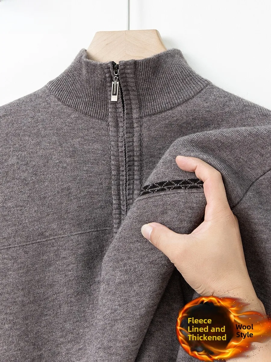 

Утепленный шерстяной вязаный свитер для мужчин среднего возраста на молнии с флисовой подкладкой, 100% чистая шерсть, осенне-зимний, повседневный стиль