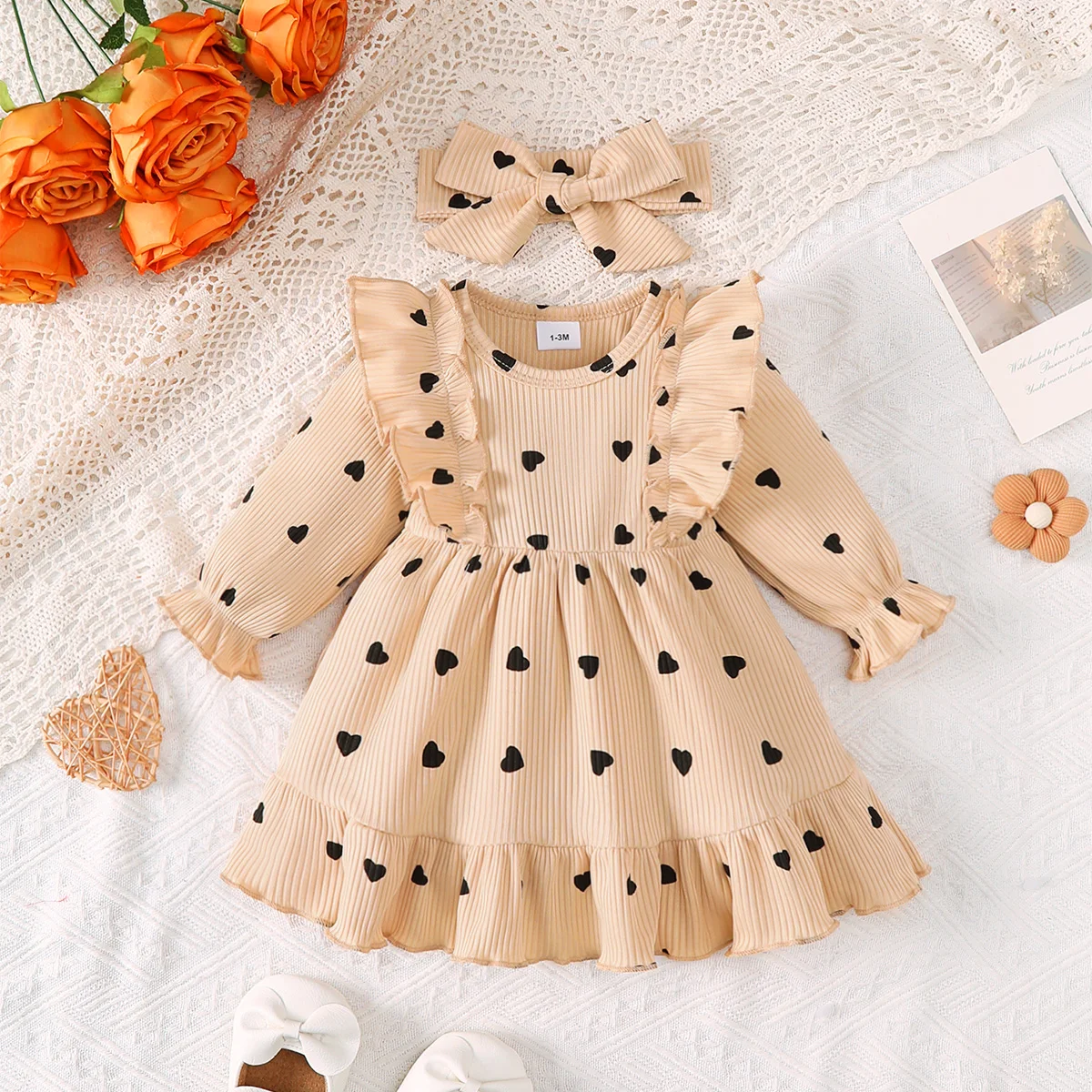 Baby Girl Dress Ruffled Heart Long Sleeved A-line Dress+Headband Suitable 0-18 Months Baby Girl Autumn Stylish Comfortable Dress