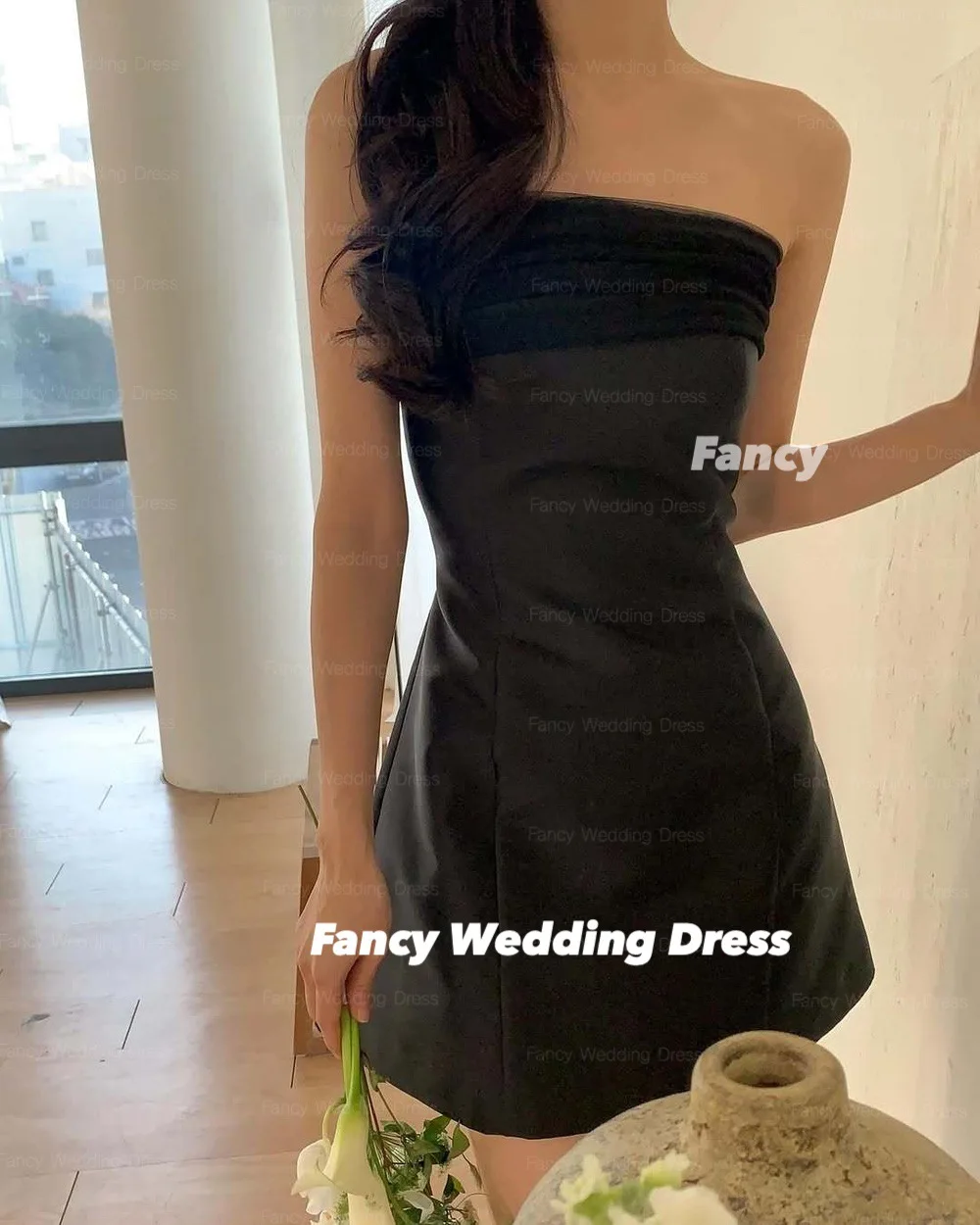 يتوهم بسيط أسود فستان الزفاف البسيط لينة الساتان أكمام فساتين السهرة الظهر البريدي مشد مخصص مع شال