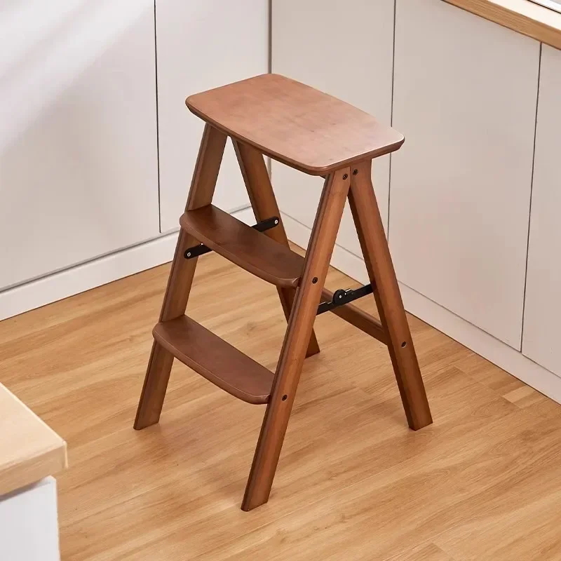 Stable Solid wood high stool Multifunctional foldable thickened three-step stool Portable bar stool