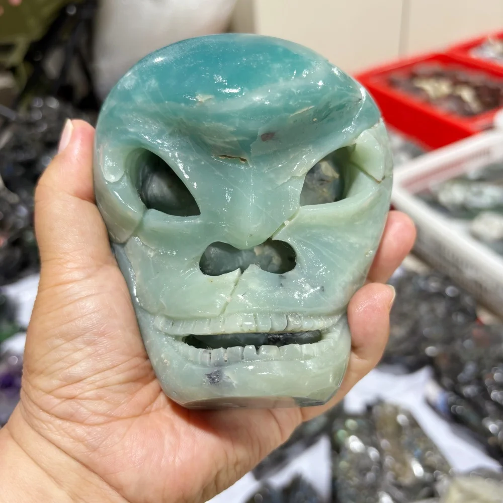 Natural Quartz Amazonite Skull Carving Reiki Healing Energy Stone Polished Feng Shui Room Decor Gift for Peaceful Vibrations