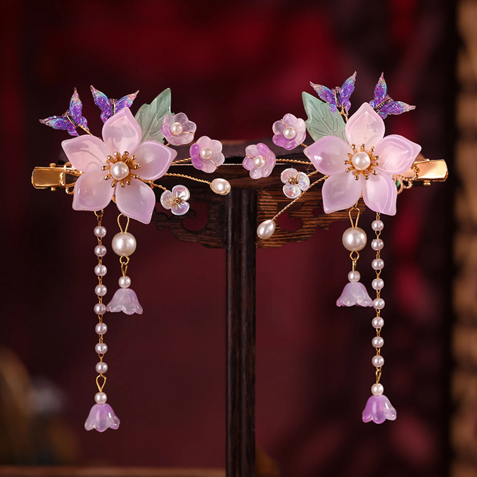 2 Stück Retro-Blumen-Haarspangen im chinesischen Stil, Glasblumen-Quasten-Haarspangen-Set, Hanfu-Cheongsam-Kleid-Schmuck, Haar-Accessoires – Detail 5