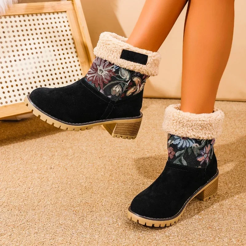 Ladies Shoes 2024 Fashion Slip-on Women's Boots Hot Sale Printing Casual Boots Women Winter Plus Velvet Plus Size Mid-Calf Boots