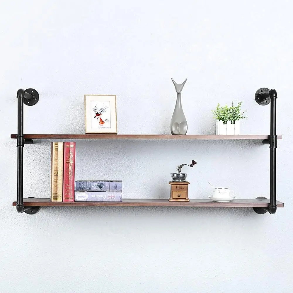 Industrial Pipe Shelving Wall Mounted,48In Rustic Metal Floating Shelves,Steampunk Real Wood Book Shelves,Wall Shelf Unit