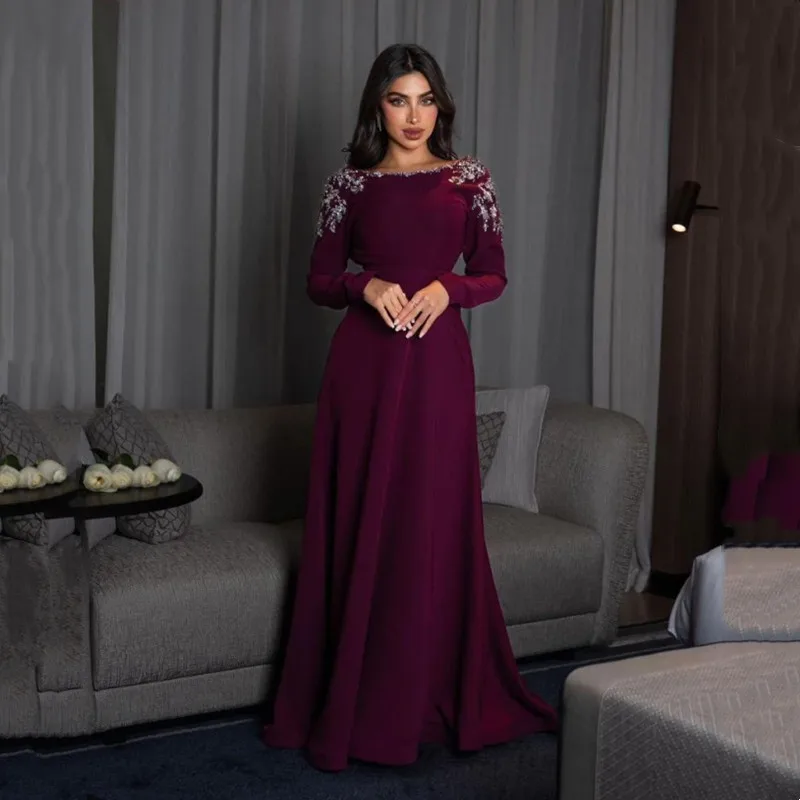 

Simple Burgundy Mermaid Evening Dress Long Sleeves Modern Boat Neck Pleat Sequined Beading Formal Gowns Sexy Backless Customized