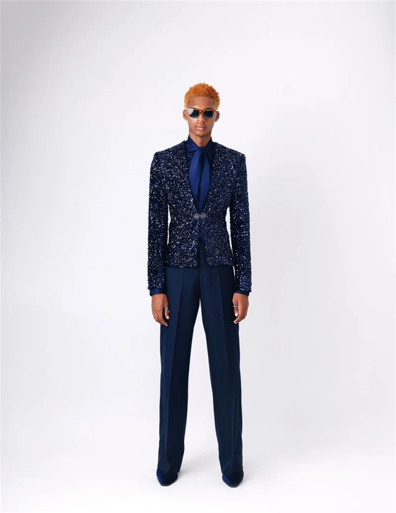 Glitter Sequins Men Suits Set 2 Pieces Blazer+Cotton Pants Trousers Wedding Tuxedos Jacket Formal Office Business Male Coat