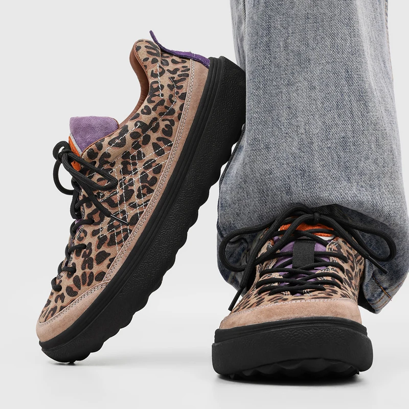 Men Suede Imitation Thick Soled Casual Shoes Retro Color Blocking Leopard Print Height Increasing Fashionable for Daily Hiking