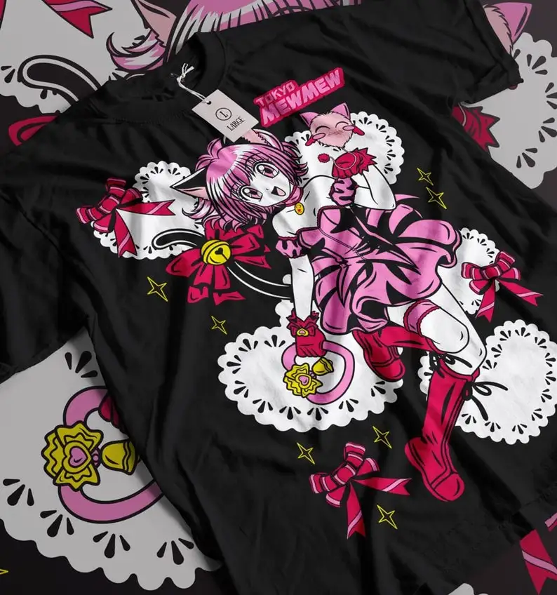 Tokyo Cat Peach Palace Berry Magic Girl Printed Round Neck T-shirt for Men and Women Anime Character Short Sleeve Street Top