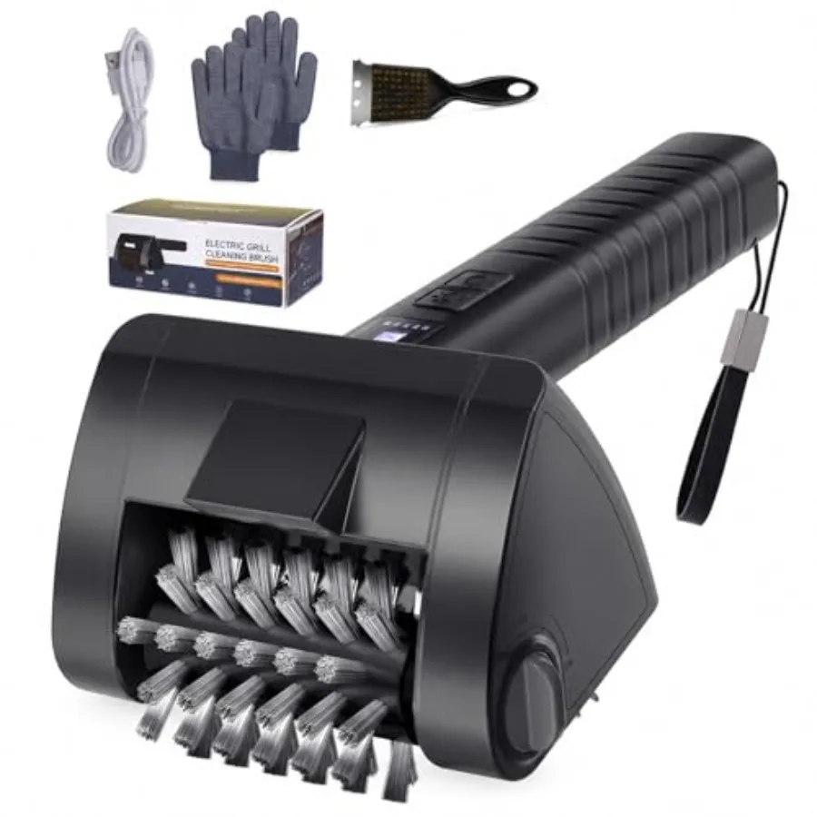

Outdoor electric grill brush with 4000mAh cordless rechargeable battery, LED light, 2-speed control, waterproof design, no-shed