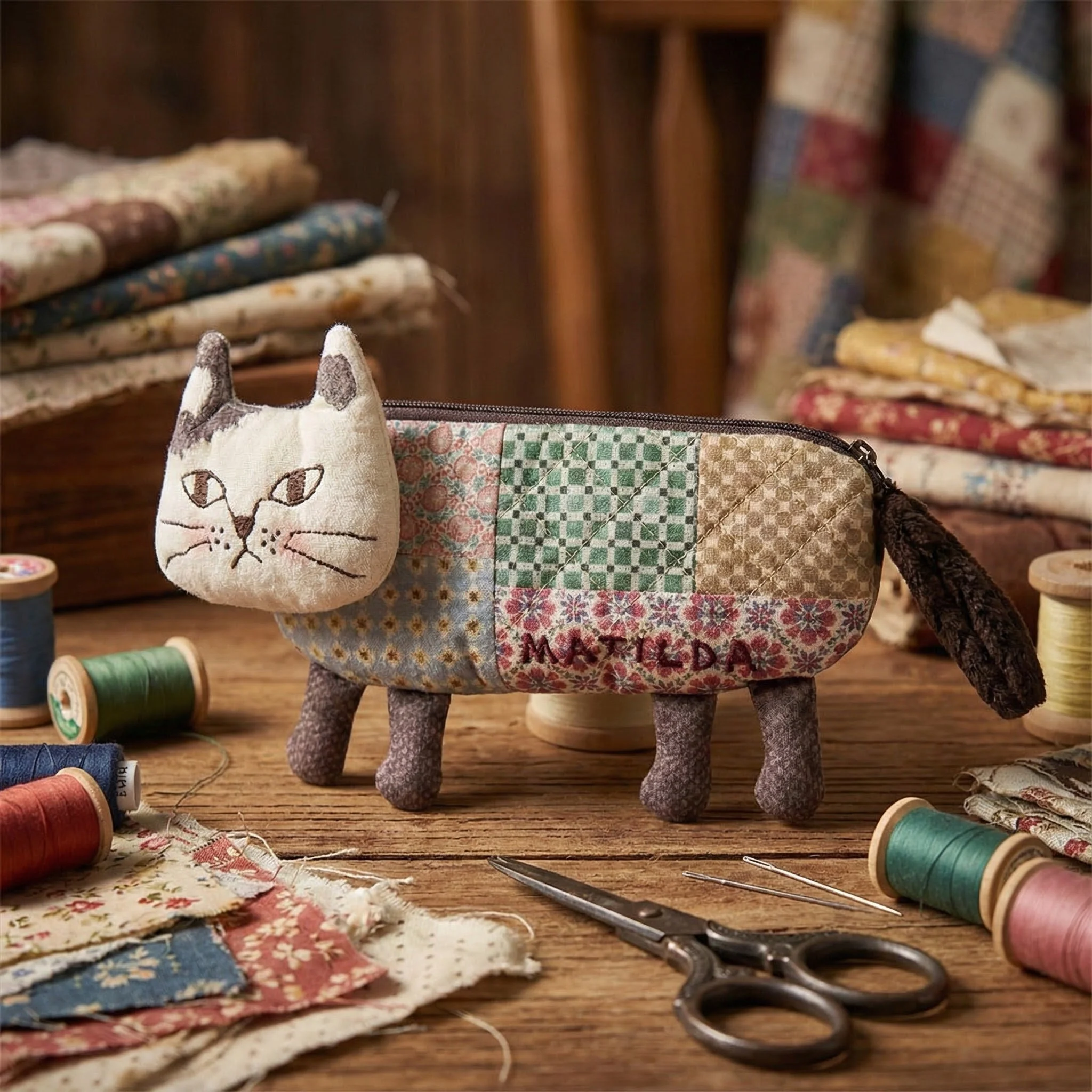 Kawaii Cat Face Quilted Pencil Bag Soft Fabric Stationery Storage Case Portable Makeup Brush Pouch Desktop Organizer Students