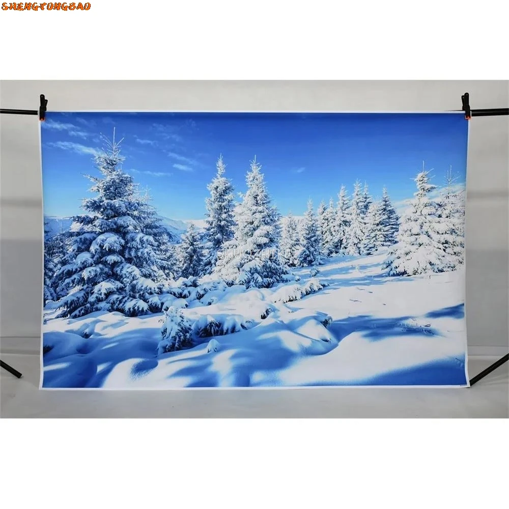 Winter Decoration Photography Backdrops Custom Snow Forest Skiing Field Trees Wooden Home Sleigh Studio Party Photo Backgrounds
