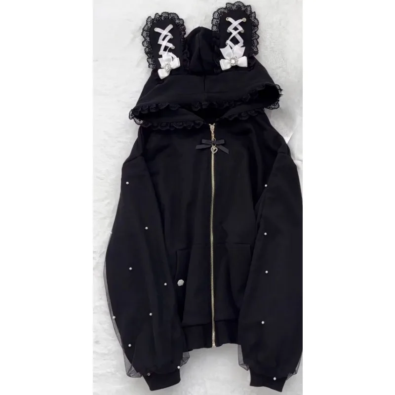 Women Oversized Zip Up Hoodie Lace Rabbit Ears Hooded Pearl Gauze Patchwork Jirai Kei Outerwear