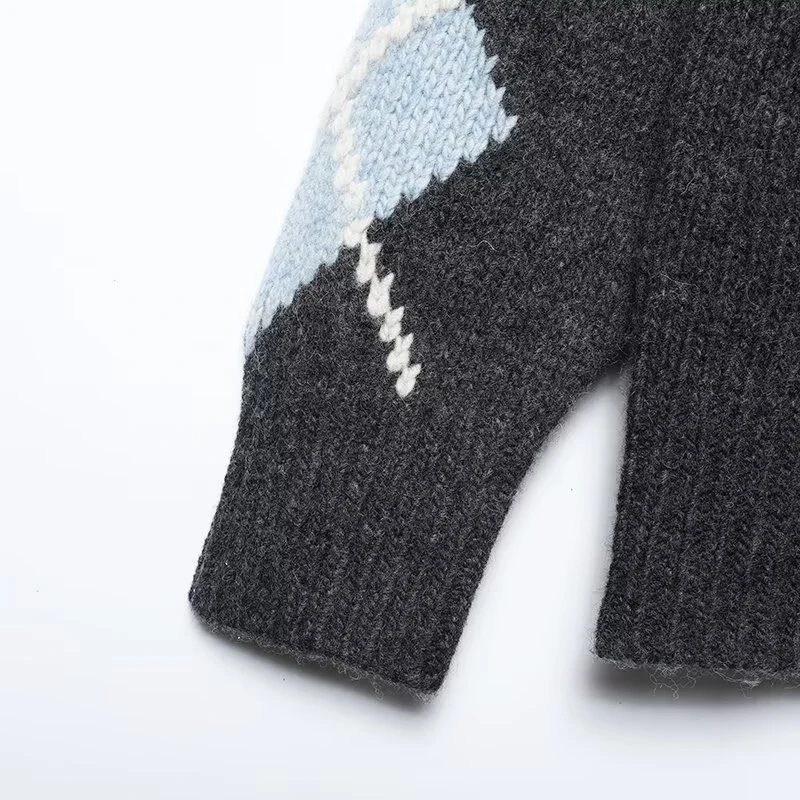 Contrast Color Black Blue Argyle Diamond Knit Cardigan V Neck Single Breasted Button Front Dual Pockets Loose Outerwear 260701 view 5