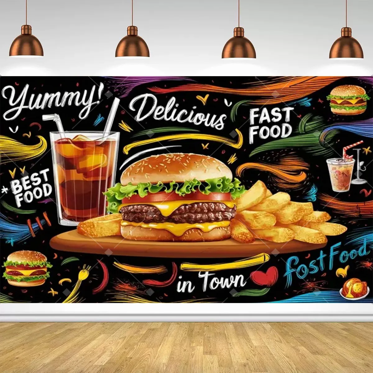 Fast Food Hamburger French Fries  Graffiti Style Photo Backdrop Kids Birthday Party Supplies  Restaurant Booth Decoration Banner view 6