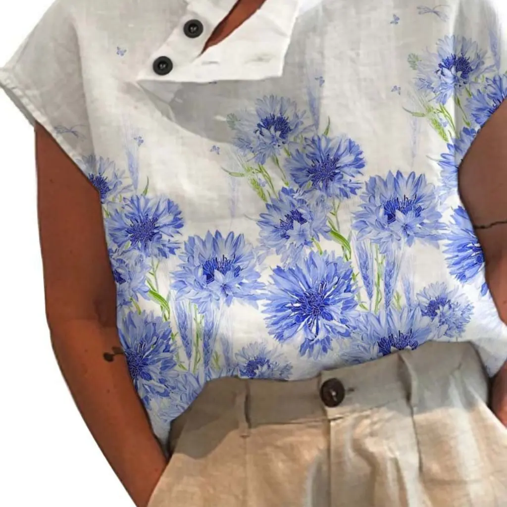 

Women's Casual Stand Collar Short Sleeve T-Shirt Regular Fit Digital Print Top Pullover Fashion for