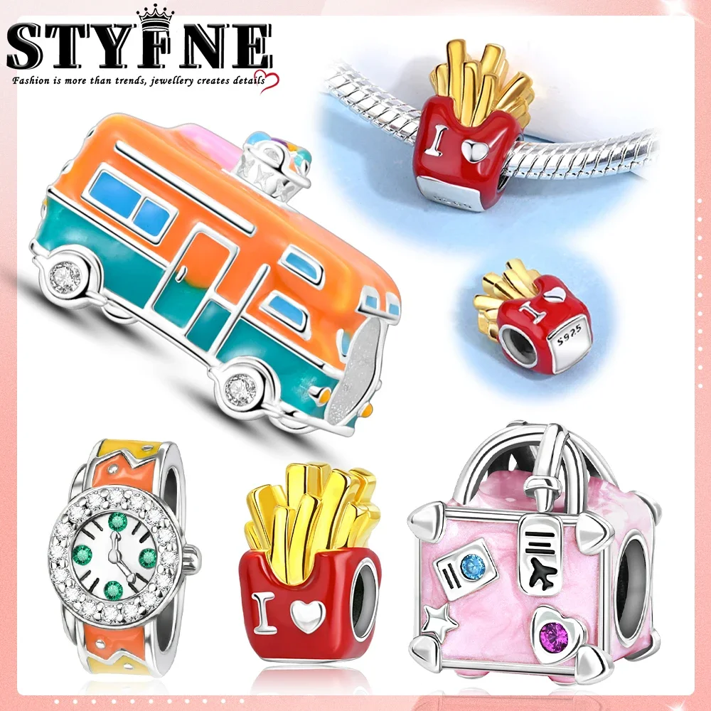 Travel 925 Silver Orange and Blue RV, Pink and Red Luggage, Watch, I Love Fries Charm Beads Fit Original DIY Bracelets For Women