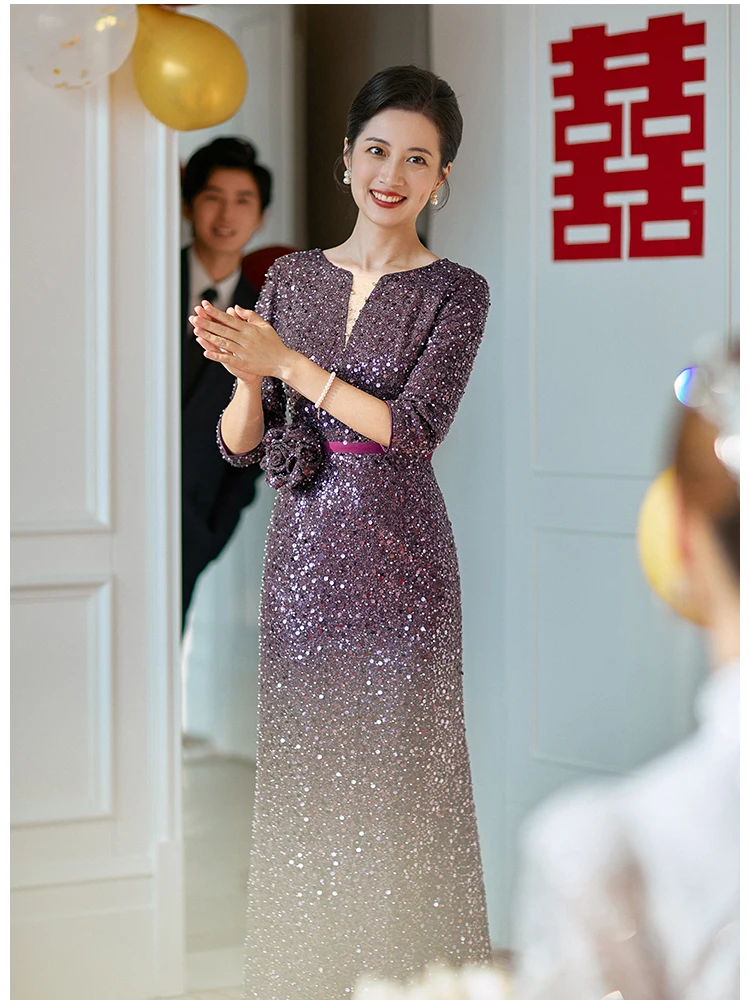 Shiny Sequin Wedding Party Dresses 2023 Elegant Ankle-Length Purple Mother Of The Groom Dresses With Sleeves