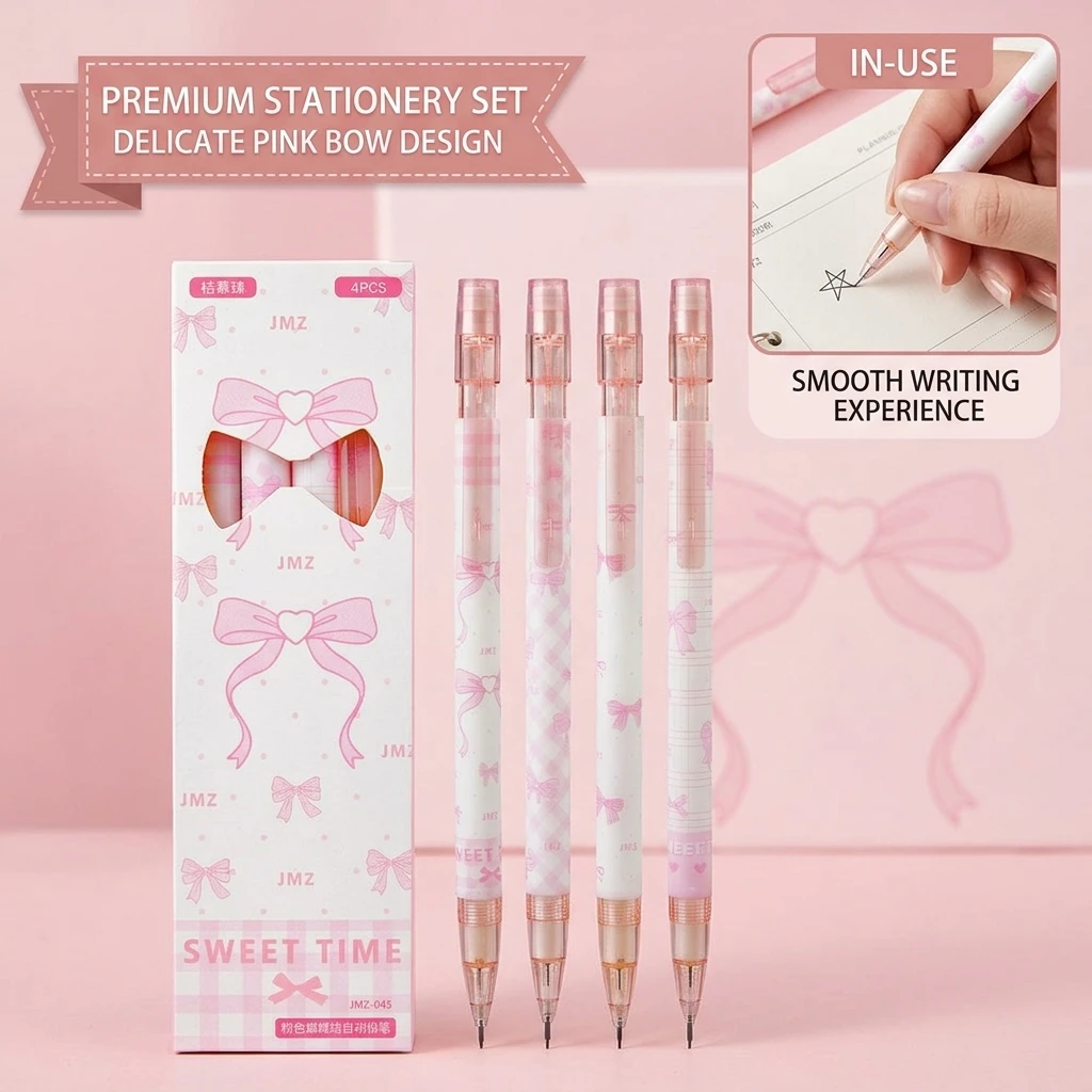 Pink Bow 0.5mm Automatic Pencil for Students Non-Sharpening High-Appeal Break-Resistant Core Stylish Writing Tool for School