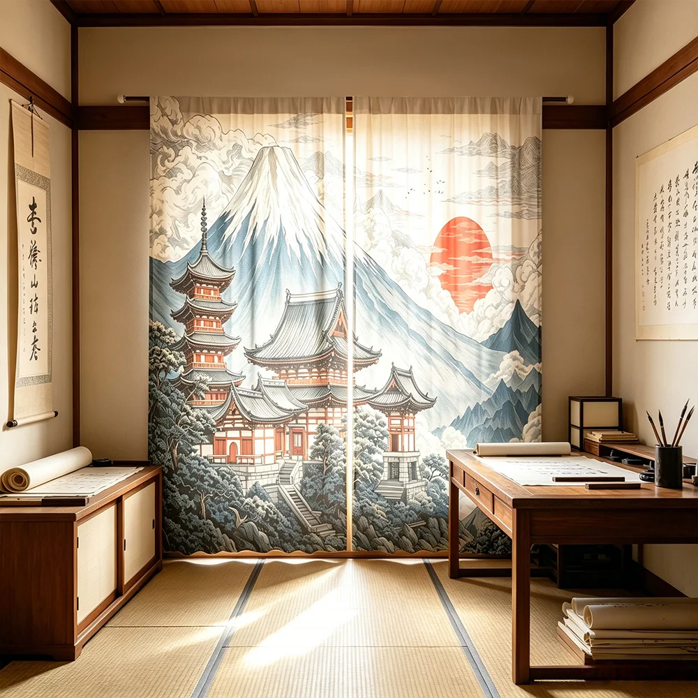 2PCS Mount Fuji Sunset Curtains, Japanese Landscape Print, Scenic Window Drapes for Living Room Bedroom Home Decor