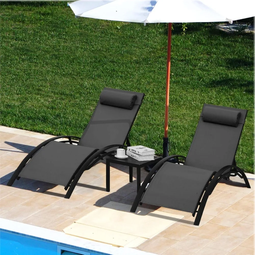 

3 pcs Poolchairs Patio Chaise Lounge Set with Headrest, 5-Level Adjustable Sunbathing Tanning Poolside Recliner Chairs