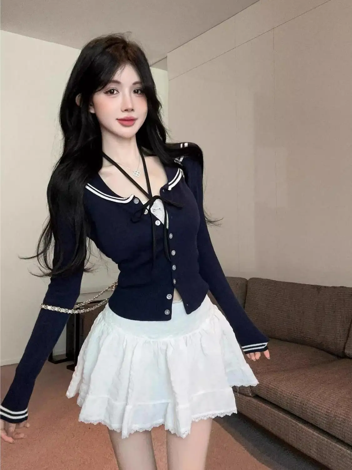 

Женский вязаный свитер с воротником-стойкой в стиле College, осенне-зимний, с V-образным вырезом, базовый, для ношения как под одеждой, так и как верхняя одежда, открытый кардиган-свитер