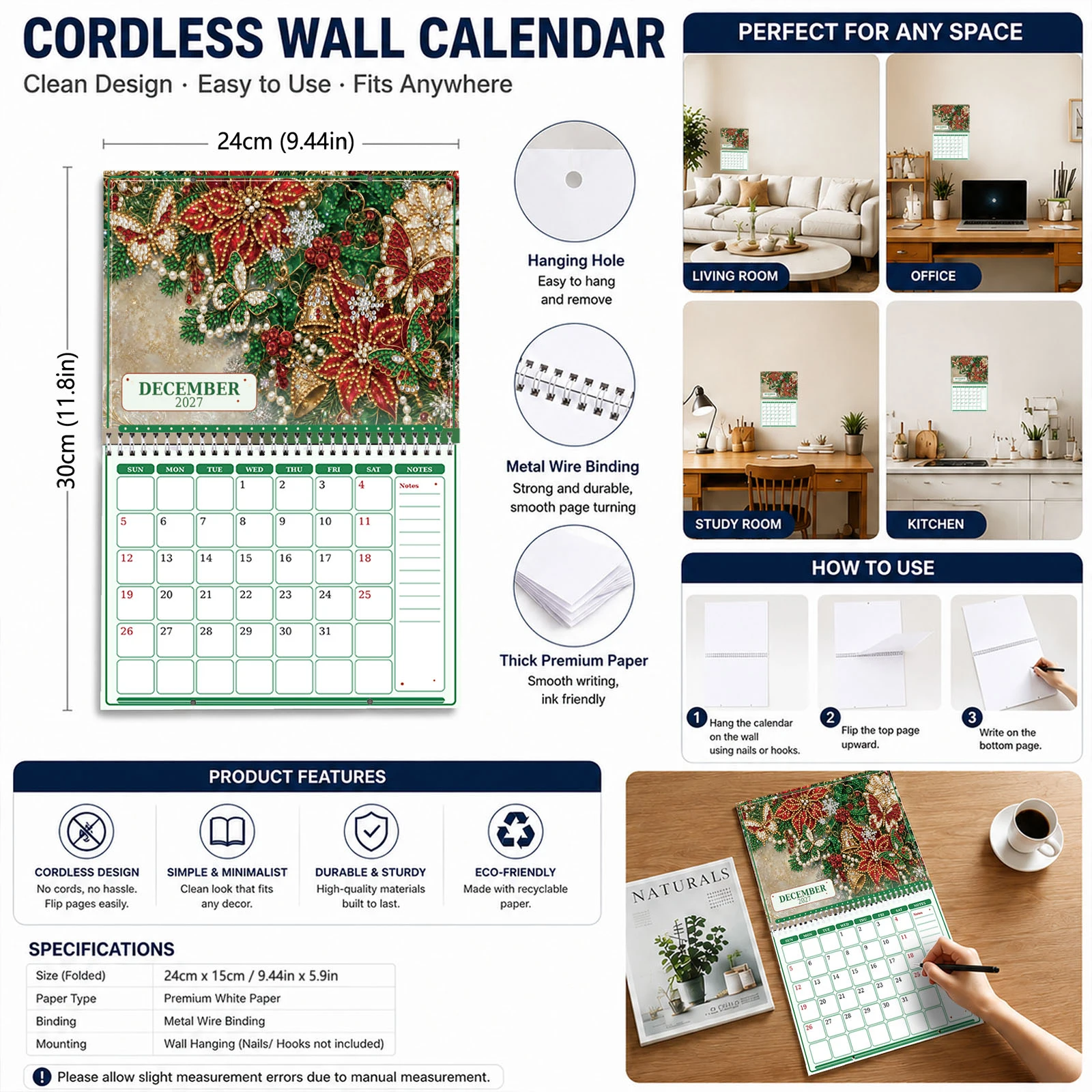 1pcs DIY Flower Diamond Painting Calendar Handwritten Planner Gem Painting Art Walls Date for Home Office Wall DIY Craft Gifts