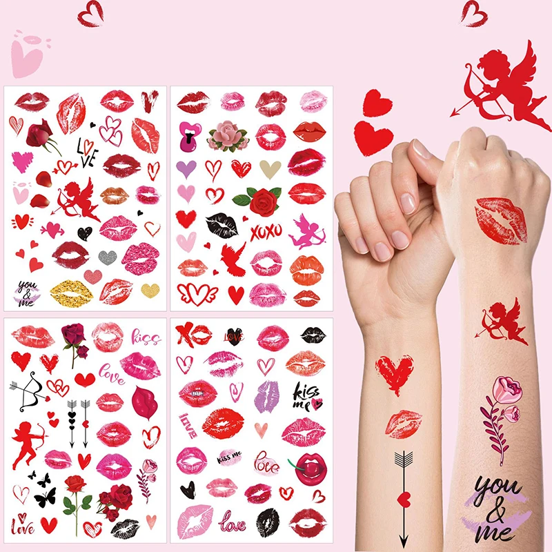 4 Sheets Valentine's Day Temporary Tattoo Stickers Red Love Rose Lips Kiss Heart Fake Tattoo Decals Themed Decorations Supplies