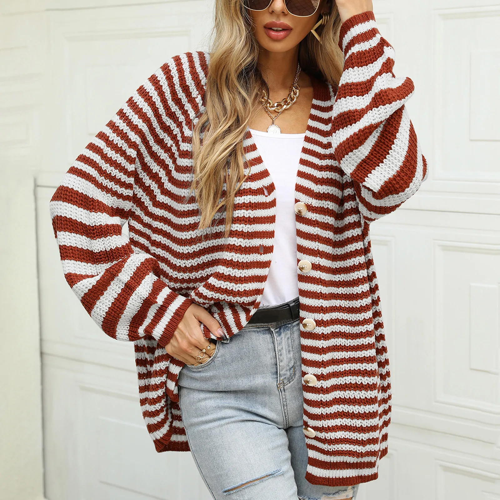 Autumn Knitted Striped Cardigan Women's Sweater Sweater Cardigan Lantern Sleeve Fashion Jumper Coats Loose Casual Outerwear