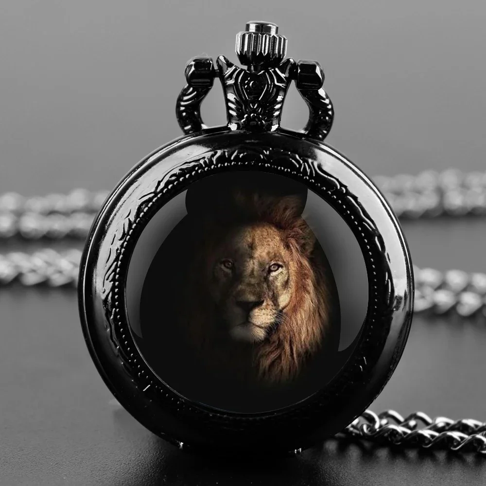 

Lion King Glass Dome Quartz Pocket Watch With Durable Chain Arabic Numeral Dial Creative Gifts for Men Women Kids