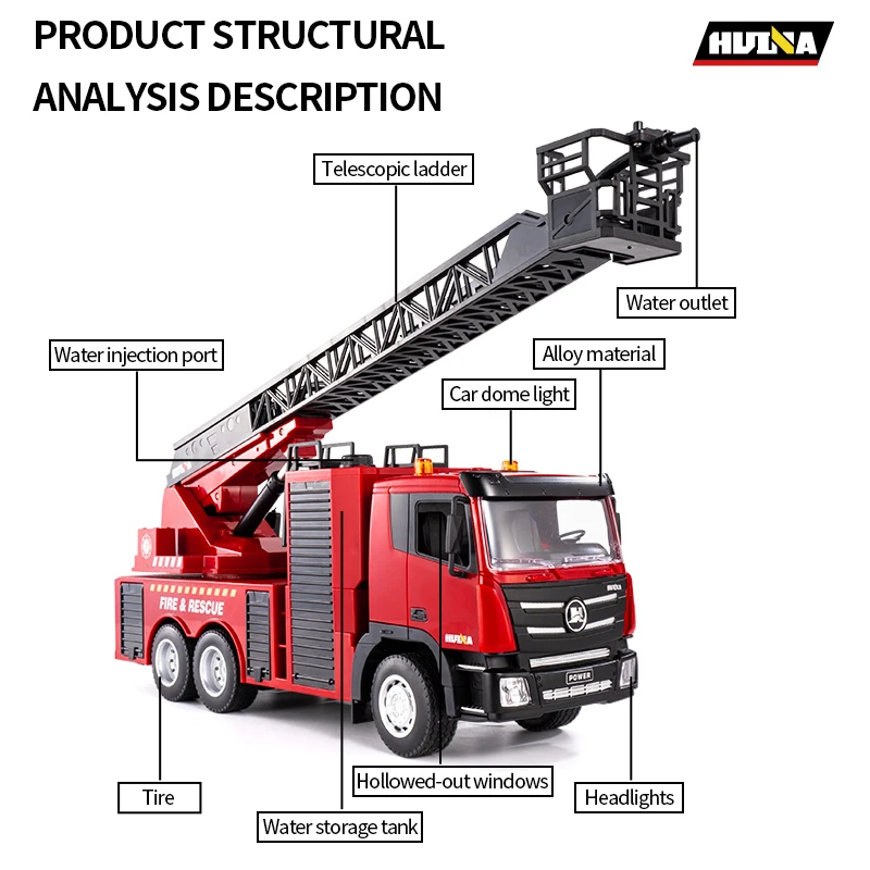 HUINA 1/18 RC Drabina lotnicza Ciężarówka strażacka 1361 9CH RTR Zdalnie sterowany Gotowy plastikowy samochód w sprayu Malowany model zabawki TH23243