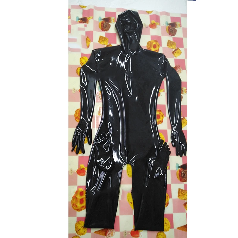 

Nature Sexy Latex Man Catsuit Rubber with Hood Socks Gloves with Back Zippers