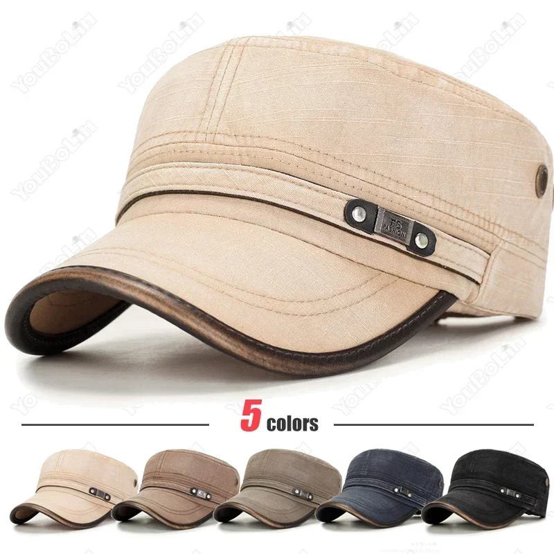 Washed Distressed Faded Leather-Trimmed Flat Cap,Military Cadet/Enthusiast Baseball Caps,UV-Protective Trucker Hat,Dad Hats
