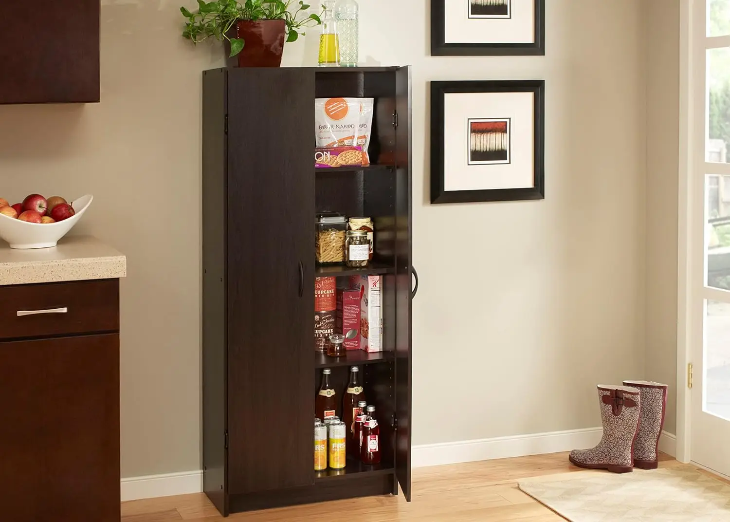 S2fcd567510ff4d1e86bb49bb4f618ff8f White Pantry Cabinet Cupboard with Adjustable Shelves for Kitchen Storage