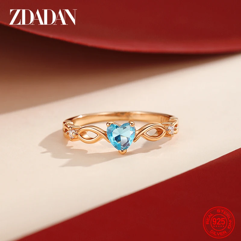 ZDADAN 925 Sterling Silver Rose Gold Heart Light Blue Zircon Ring For Women Fashion Wedding Jewelry
