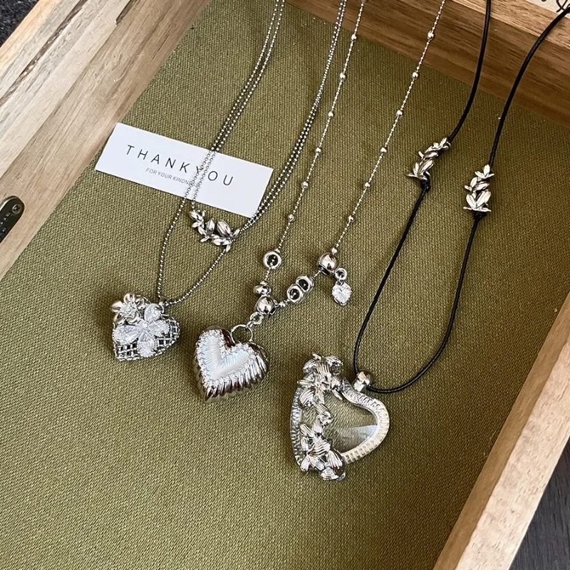 Minar Creative CZ Cubic Zirconia Heart Flower Pendant Necklaces for Women Long Adjustable PU Leather Rope Sweater Chain Choker