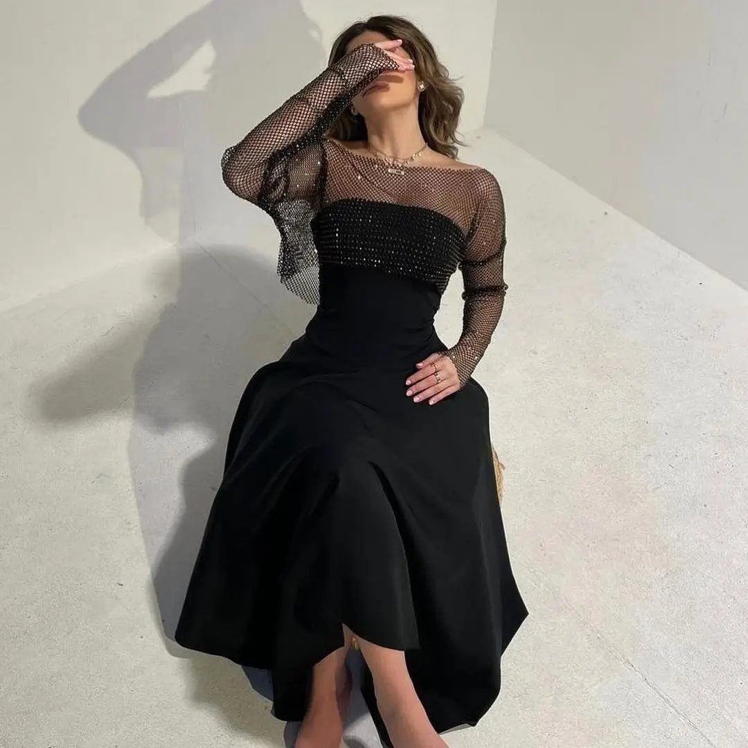 

Sapmae O-neck A-line Sequined Tulle Full Sleeve Asymmetrical Zipper Up Black Elegant Prom Formal Evenning Party Dress For Women